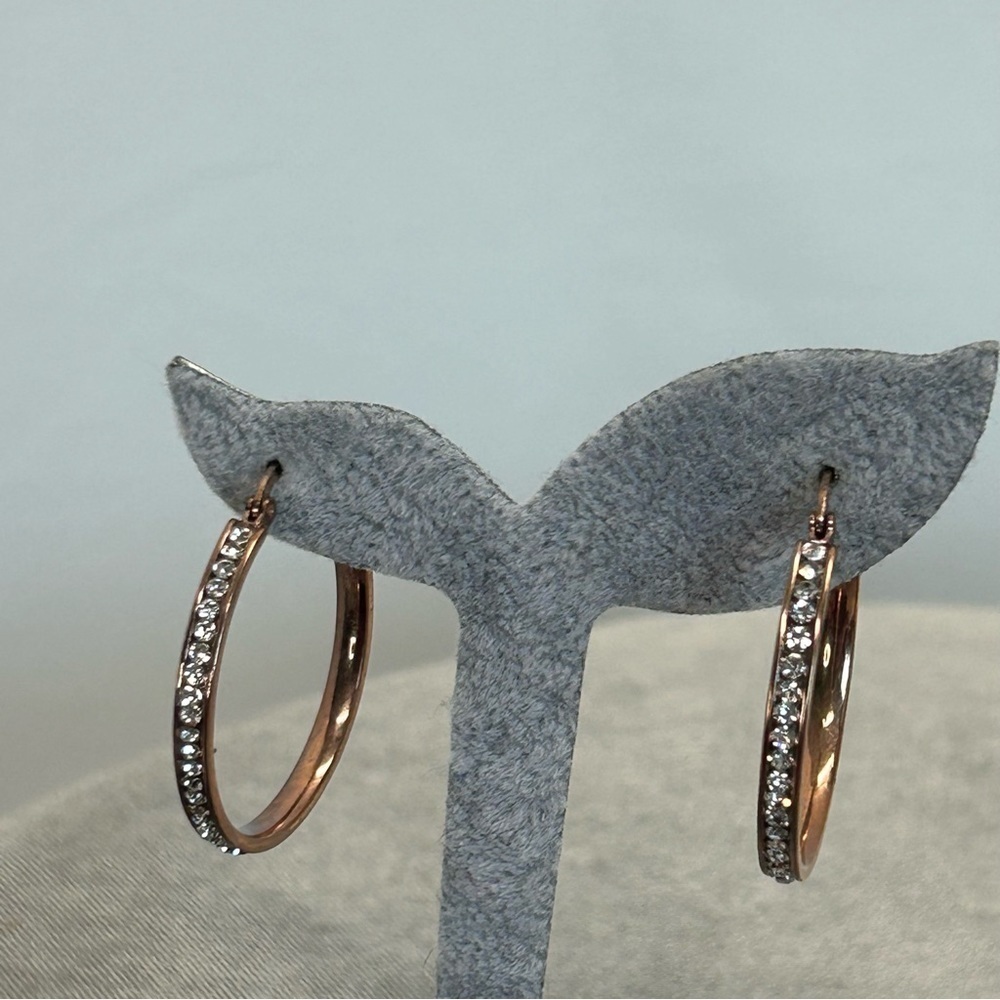 Rose gold tone crystal rhinestone cubic zirconia round circular hoop earrings